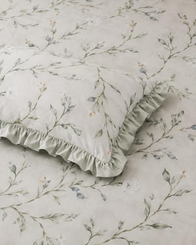 Image of 350 TC Premium Heavy Cotton Feel Elastic Fitted Bedsheet King Size with 2 Frill Pillow Covers King Size || Double Bed with All Around Elastic (Gray&Green, Double)