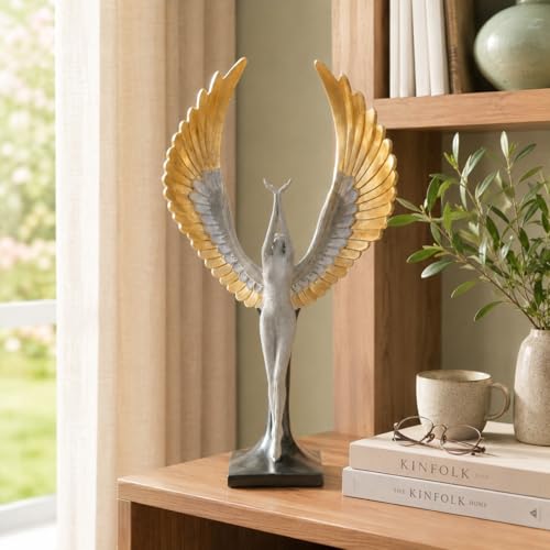 Image of Amazon Basics Majestic Angel Wing Sculpture for Home & Office Decor | Modern Abstract Figurine Showpiece for Living Room, Console, Shelf & Bedroom Styling (Gold & Silver)