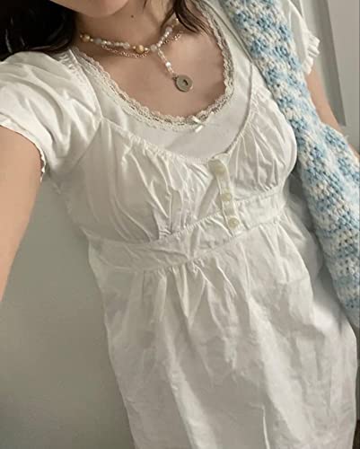 Women Y2k Gingham Top Lace Trim Scoop Neck Short Sleeve Tees Ruffle Hem Aesthetic Shirt Coquette Clothes3