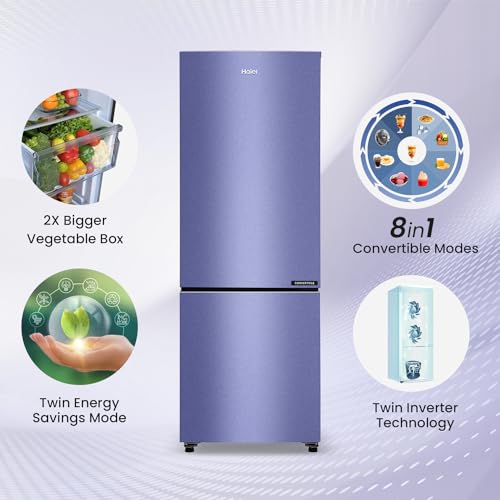 Image of Haier 237 L, 3 Star, 8 In 1 Convertible, Twin Inverter Technology, Frost Free Double Door Bottom Mount Refrigerator (HEB-243SI-P, Storm Inox)