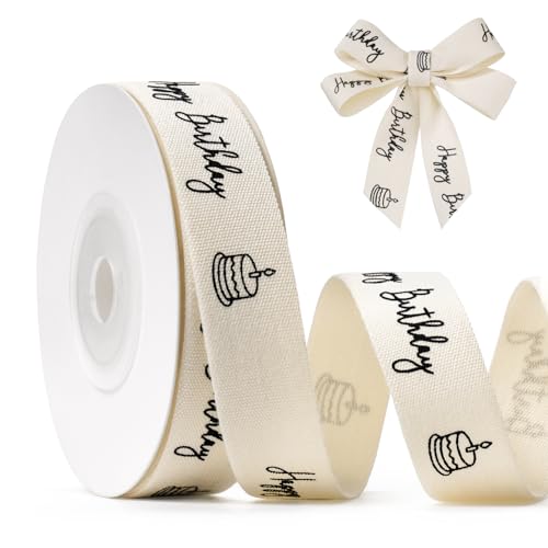 Cinta de regalo de color natural de 5/8 pulgadas x 10 yardas, impresa con feliz cumpleaños, cinta de algodón liso personalizada, para embalaje de regalo, decoración de aniversario, embalaje de regalo