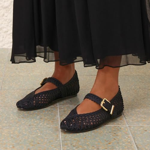 Raffia Ballet Flats for Women Woven Round Toe Ballerina Flats Mary Jane Flat Summer Casual Shoes with Buckle Strap2