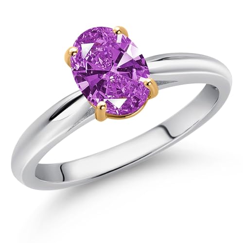 Gem Stone King 925 Sterling Silver and 10K Yellow Gold Fancy Purple Zirconia Solitaire Engagement Ring For Women (1.21 Cttw, Oval 8X6MM, Gemstone Birthstone, Available In Size 5, 6, 7, 8, 9)2