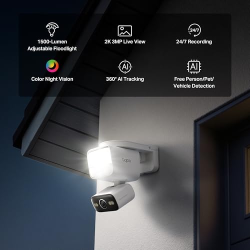 Image of Tapo 2K Outdoor Pan /Tilt Wired Floodlight Security Camera - 1500 Lm Dimmable, 360 AI Motion Tracking, Person /Vehicle Detection, 24 /7 Recording, Subscription-Free Local Storage or Optional Cloud, C710