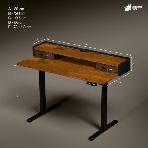 Image of Green Soul Elevate Plus Electric Height Adjustable Table for Office Work | Integrated Storage Sit Stand Desk | Monitor Riser | 80 Kgs Load Capacity | 3 Year Warranty | Antique Wood