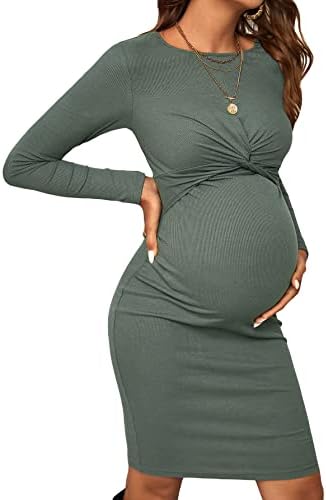 Verdusa Women's Maternity Twist Front Long Sleeve Round Neck Bodycon Dress Dark Green L