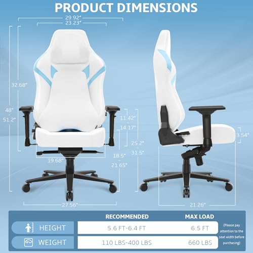 Wyrdforging Ergonomic Gaming Chair, Computer Desk Chairs, 4D Armrests, High Back Office Chair with Headrest & Lumbar Pillow, Tilt Rocker Recliner, Heavy-Duty Base, White PU Leather & Blue Suede Combo