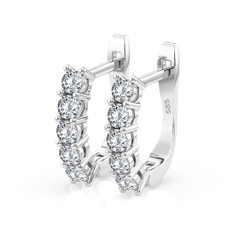 Aros de Oro Blanco 585 con 10 Diamantes 0.6 ct - Pendientes de Aro para Mujer en Oro Auténtico - Joya Clásica