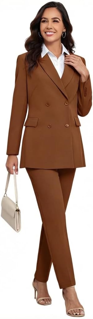 Women's 2 Pieces Pant Suits, Double Breasted Blazer Set, Casual Loose Long Blazer Jackets and Long Pant Suits with Pockets