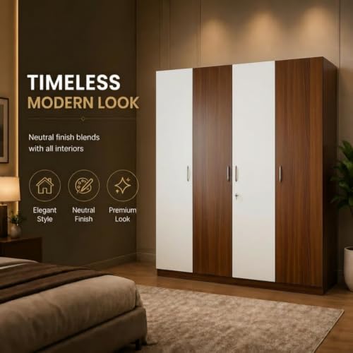 Image of GRATUS 4 Door Wardrobe - Modern Engineered Wood Cupboard Without Drawer for Clothes Storage, Spacious Bedroom Organizer - 180 x 145 x 45 cm Classic White