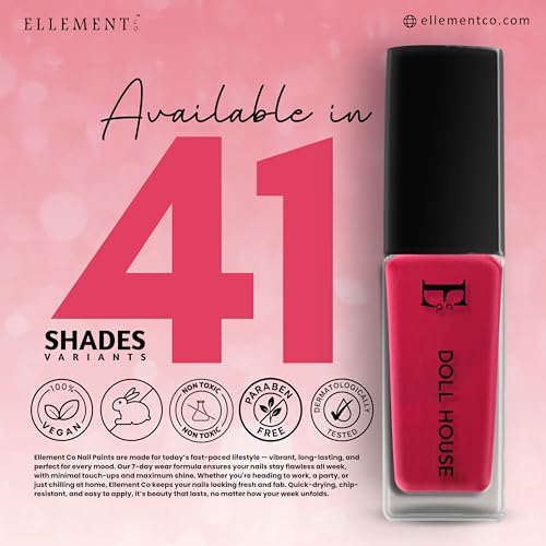 Image of Ellement Co Doll House Glossy Nail Paint for Women 10ML | Long Lasting High Shine Nail Colour | Quick Dry Formula with Smooth Streak-Free Application | Chip Resistant Professional Finish | Vegan, Non-Toxic, Paraben Free & Dermatologically Tested Nail Polish