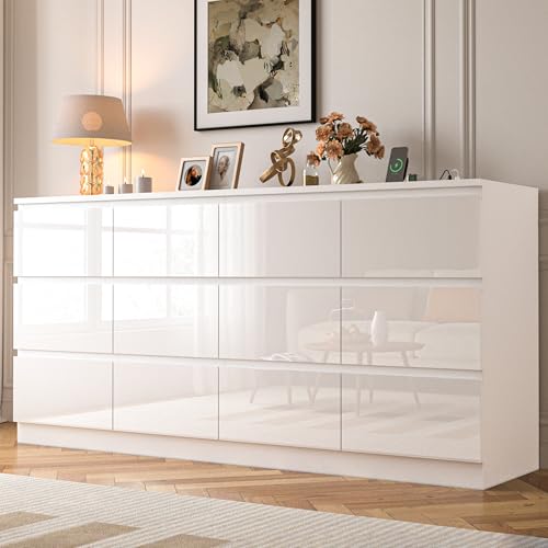 Image of JassmiPkwy 71.65 INCH 12 Drawers Dresser with Power Outlet, Wide High Gloss Chest of Drawers Large, Modern Storage Drawer Dresser for Bedroom, White