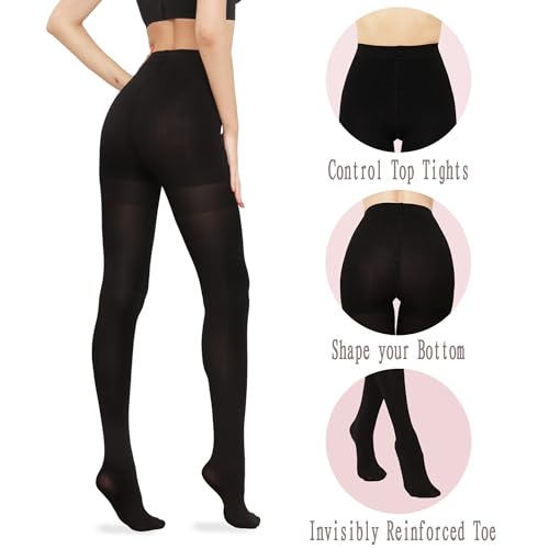 HA WA Black Tights for Women, Opaque Tights with Control Top Pantyhose2