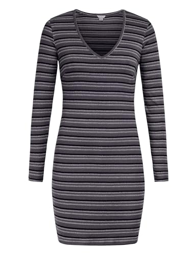 Enorsia Vestido corto de manga larga con cuello en V para mujer, ajuste delgado, elegante estilo vintage, perfecto para citas nocturnas, gris, 26