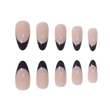 RikView Black French Tips Nails Almond Press on Nails Medium Fake Nails Black Glossy Nails 24 PCS/Set
