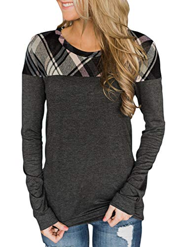 HOTAPEI Women's Crew Neck Long Sleeve Blouse Casual Cozy Soft Color Block Plaid Pullover Sweatshirts Tops Shirts Gray