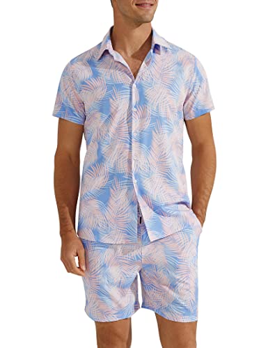 Hawaiian Shirt Suit For Men Stylish Tropical Printed Polo Shirts Shorts Breathable Quick Dry Beach Clothes Pink Leaves 3Xl #TOP2