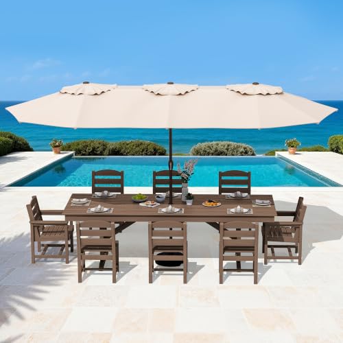Image of SERWALL 9 Piece 84 inch HDPE Outdoor Dining Set with 6 Armless Chairs, 2 Armchairs and Umbrella Hole for 8, Brown