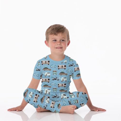 KicKee Print Short Sleeve Pajama Set, Baby to Kid, Viscose from Bamboo Fitted Pajamas, Seasonal Collections, Outdoors (Seaside Blue On the Way - 4T)2