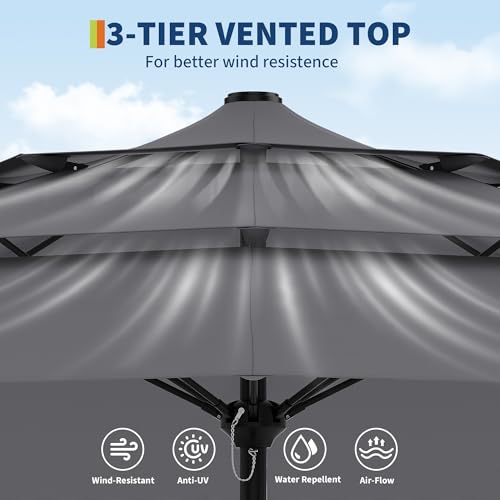 9Ft 3 Tiers Market Umbrella Outdoor, 3 Tiers Heavy Duty Patio Umbrella 8 Ribs, Outdoor Market Table Umbrellas with Ventilation and Hand Crank