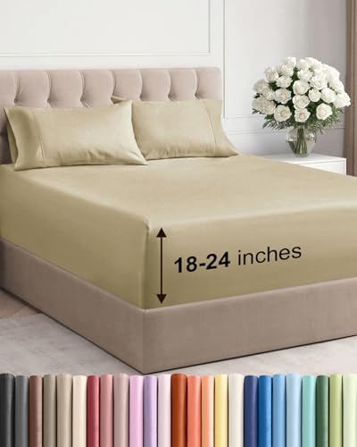 Image of Extra Deep Twin Sheet Set - 4 Piece Breathable and Cooling Sheets - Beige | Hotel Luxury Bed Sheets Set, Easy & Secure Fit, Ultra-Soft, Wrinkle & Fade Free, Comfy Sheets Set with Extra Deep Pockets