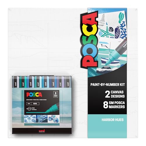Image of POSCA Canvas Paint by Number Kit, Harbor Hues - 8 Acrylic Markers with 2 Pre-Drawn Canvases - Gift Set for Artists, Adults and Kids