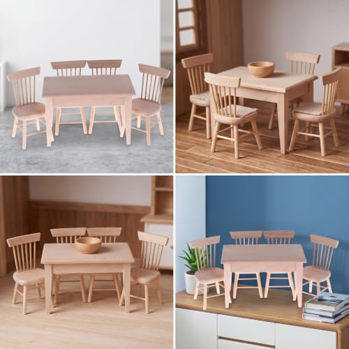 Juego comedor en miniatura de 5 piezas con mesa y sillas para casa de muñecas escala 1:12 4