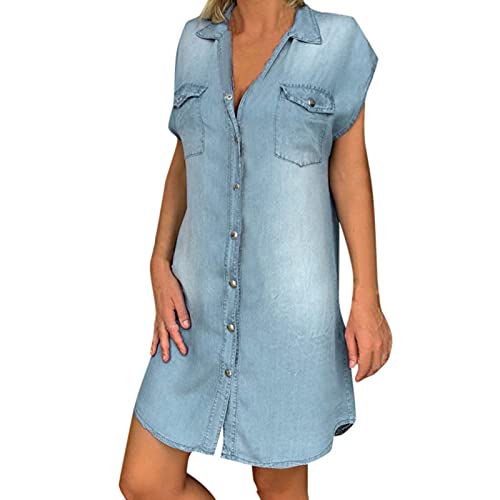 Women's Denim Dress Lapel Dress Plus Size Sexy V Neck Casual Shirt with Buttons Sleeveless Dress Loose Fit Classic Basic Dresses for Beach Holiday