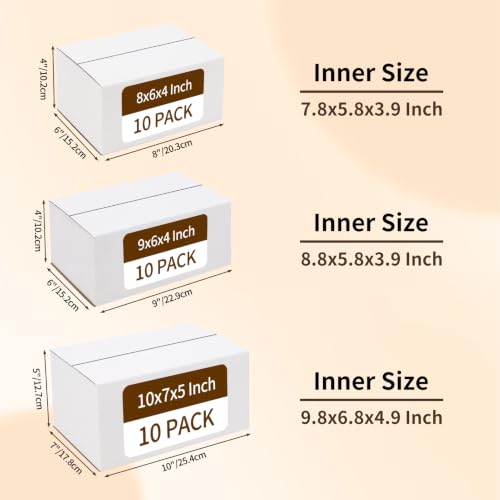 Image of RLAVBL 30 Pack Shipping Boxes Assorted Sizes 8x6x4 & 9x6x4 & 10x7x5, White Corrugated Cardboard Mailers for Packing, Mailing, Business