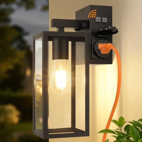 Outdoor Wall Light with GFCI Outlet Dusk to Dawn Porch Light with Clear Glass and E26 Socket Waterproof Anti-Rust Aluminum Exterior Lighting Black Outside Lights for Patio Front Door Garage