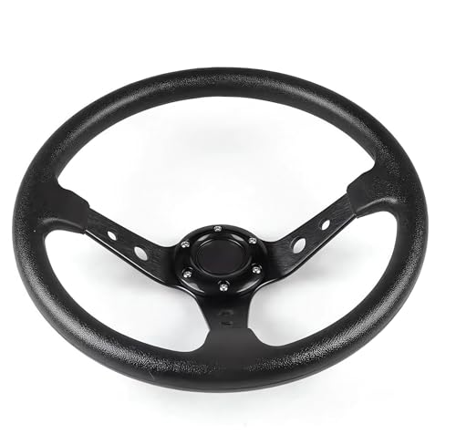 Universal Racing Steering Wheel,Drifting Deep Dish Steering Wheel 13.8”/350mm 6 Bolts Grip Vinyl Leather & Aluminum with Horn Button for Car Golf Cart (Black)