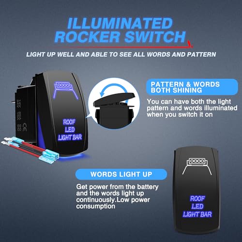 MicTuning LS083001-HF, Laser Roof LED Light Bar On-Off Rocker Switch with Jumper Wire, 5 Pin, 20 Amp, 12V LED Lights, Blue