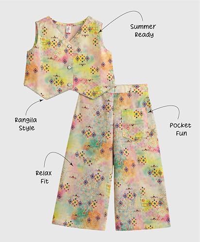 Image of The Magic Wand Woven Digital Printed Co-ord Set For Kids Girls, Sleeveless Top With Palazzo Pant Two-Piece Western Stylish Clothing Set For Festivals