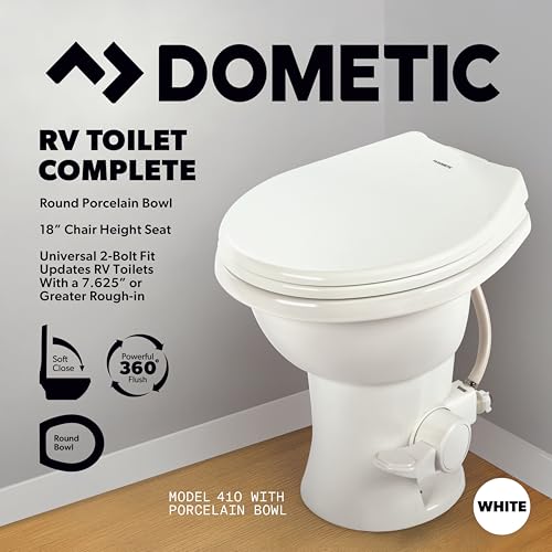 Image of Dometic Model 410 Complete RV Toilet - Round Porcelain Bowl, Universal Fit & 2-Bolt Mount, 18 inch Chair Height Residential-Style, Gravity Flush Toilet with Soft-Close Seat, Bone (9610008260)