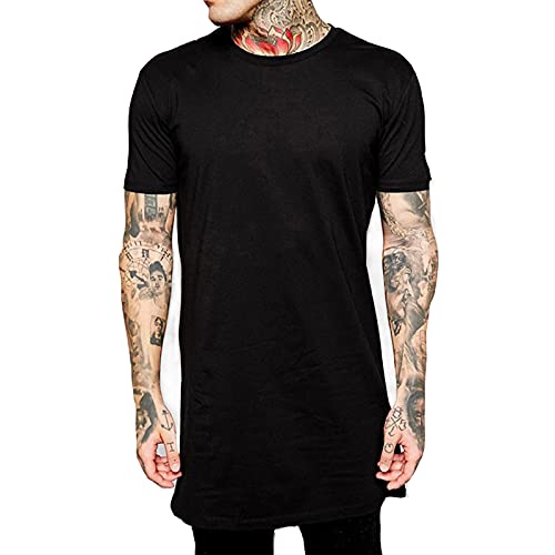 YANWENFANG Men T-Shirt Longline Tshirt Hip hop Long Hem Hipster Casual Cotton Tee Regular fit (Black, US-M)