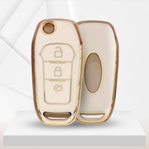 Image of KEYCEPT Gold Line TPU Key Cover Compatible for Ford Figo | Aspire | Endeavour | 3 Button Flip Key with Keychain. (Type 2, White)