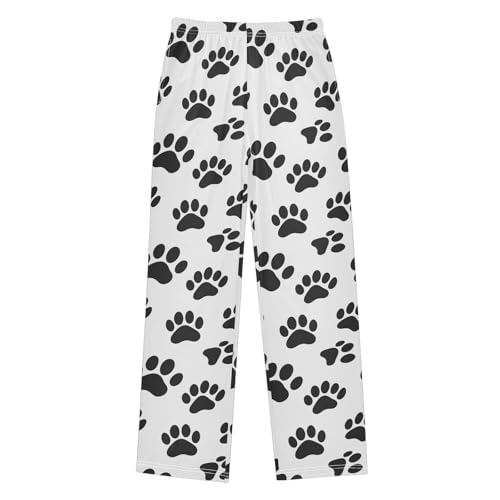 ALAZA Black Footprint Dog Paw Print White Pajama Pants Long Sleep Pant Pajama Bottoms Elastic Waist with Pockets