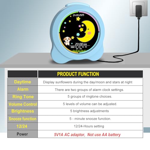 Sinoviwe Kids Alarm Clock Sun & Moon LED Display with Day & Date OK to Wake Clock with Night Light for Kids Children's Sleep Trainer Gift for Boy and Girls (Blue) - image 4