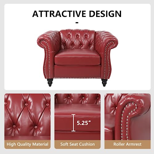 Image of QHITTY Accent Chair, Chesterfield Modern Leather Upholstered Chair with Tufted Back for Living Room Furniture (Burgundy)
