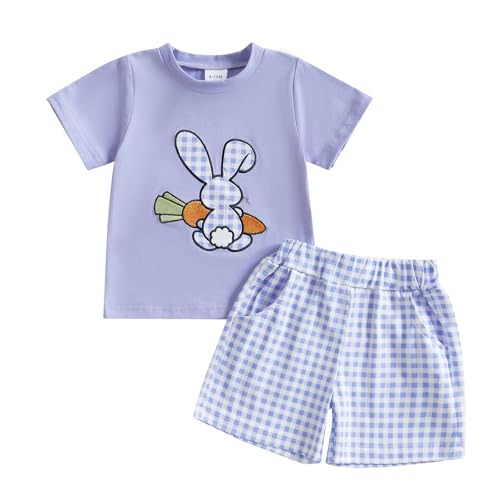 Image of Toddler Baby Boy Easter Rabbit Outfit Short Sleeve Bunny Carrot Smocked T-shirt Elastic Waist Shorts Summer Clothes