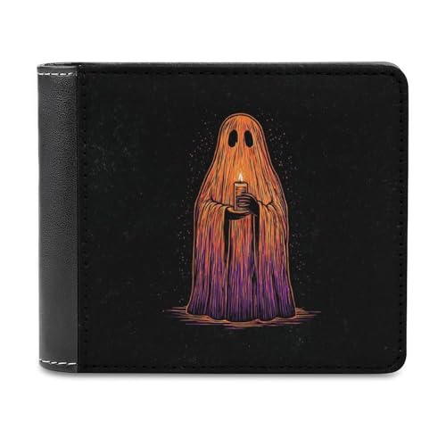 Halloween Spooky Ghost Holding Candle Soft PU Leather Bifold Wallet, Coin Purse Credit Pass Case, Durable Card-Holder Slim Billfold for Men Woman Money Storage