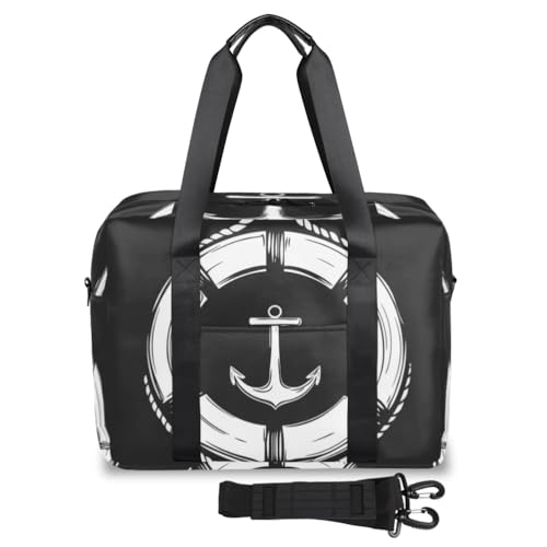 White Lifebuoy Travel Duffel Bag for Men Women Anchor Black Sports Gym Bag Waterproof Weekender Overnight Bags Foldable Carry on Backpack for Swim Yoga Fitness Workout