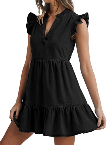 Image of POTILI Denim Dress for Women Mini Jean Dress with Pockets | Ruffle Sleeve, V-neck, Two Side Pockets