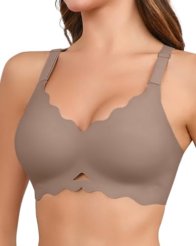 SHARICCA Sujetador para Mujer sin Aros, Cuello en V, Ondulado, Alta Elasticidad, Sujetador sin Costuras, Push up, Camiseta cómoda, Café-ac, M