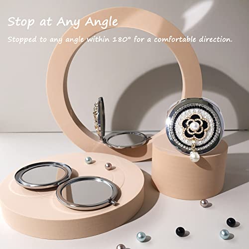 Compact Mirror 3inch Small Mirror for Purse 1x/2x Magnification Handheld Mirror Lady's Travel Makeup Mirror Gift for Women (Camellia)