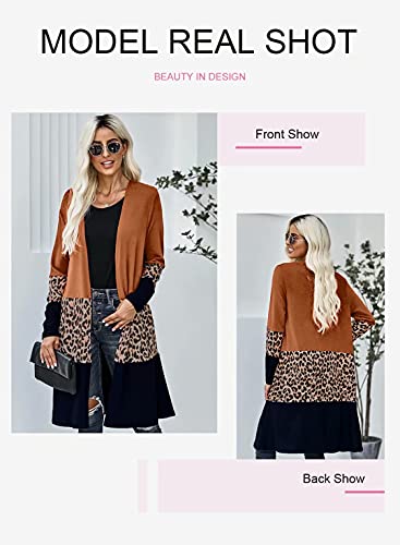 Dokotoo Womens Open Front Long Sleeve Animal Leopard Printed Color Block Patchwork Knitted Long Cardigans Sweaters Outerwear Coats Thin Cardigan Sweaters Lightweight With Pockets, No Button Large #TOP2
