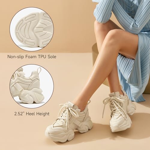 BEAU TODAY Chunky Sneakers for Women, Womens Fashion Sneakers, Leather Sneakers Women Comfortable Casual Lace-Up Chunky Platform Dad Shoes4