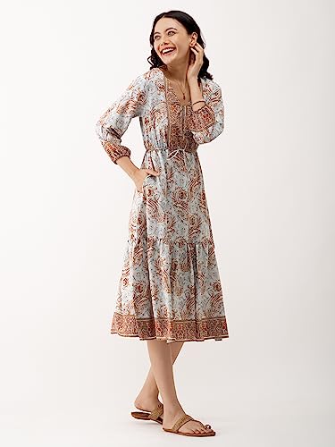 Image of AASK Abstract Printed Puff Sleeve Gathered Detailed Fit Flare Dress