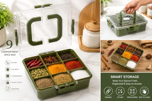 Image of MEKIT Masala box plastic With 9 Compartment | Big Kitchen Stylish Airtight Spice box Container | Transparent Organizer For kitchen storage Dabba (23x23x7cm) Olive Green