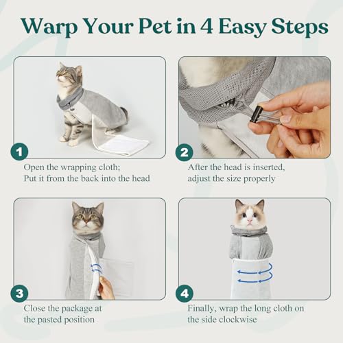 Image of Supet Cat Grooming Wrap for Cutting Nails, Self-Adhesive Calm Cat Swaddle | Bite-Proof Mesh Hood & Thick Waist Strap Anti-Escape Anti-Scratch Bag for Nail Trimming, Medication, Ear Cleaning (Grey M)